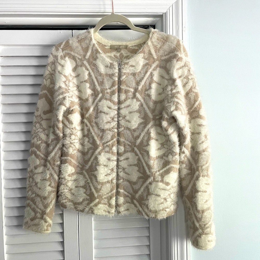 Joan Vass Full Zip Cozy Cardigan Sweater Jacket with White Tan Pattern - Size M